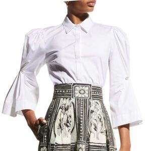 Lela Rose Button-Down Poplin Blouse Top with Pearl Brooch On Puff Sleeve Size 4